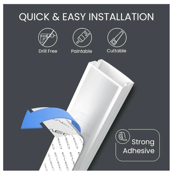 White, Self-Adhesive Cord Covers for Wires on Wall 153in-9X (L17 x W0.95 x H0.5) - Picture 3 of 9